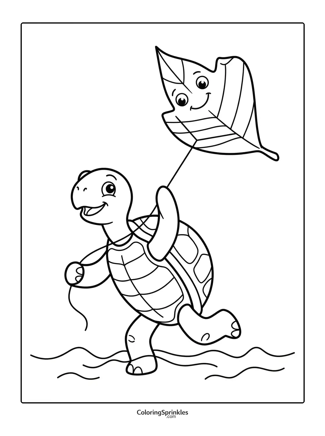 Coloring page of a happy turtle flying a leaf-shaped kite