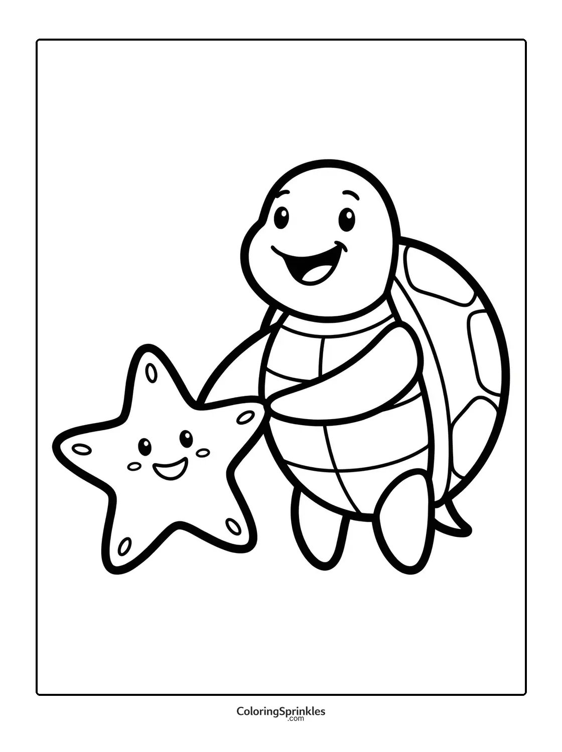 Coloring page of a turtle holding a smiling starfish