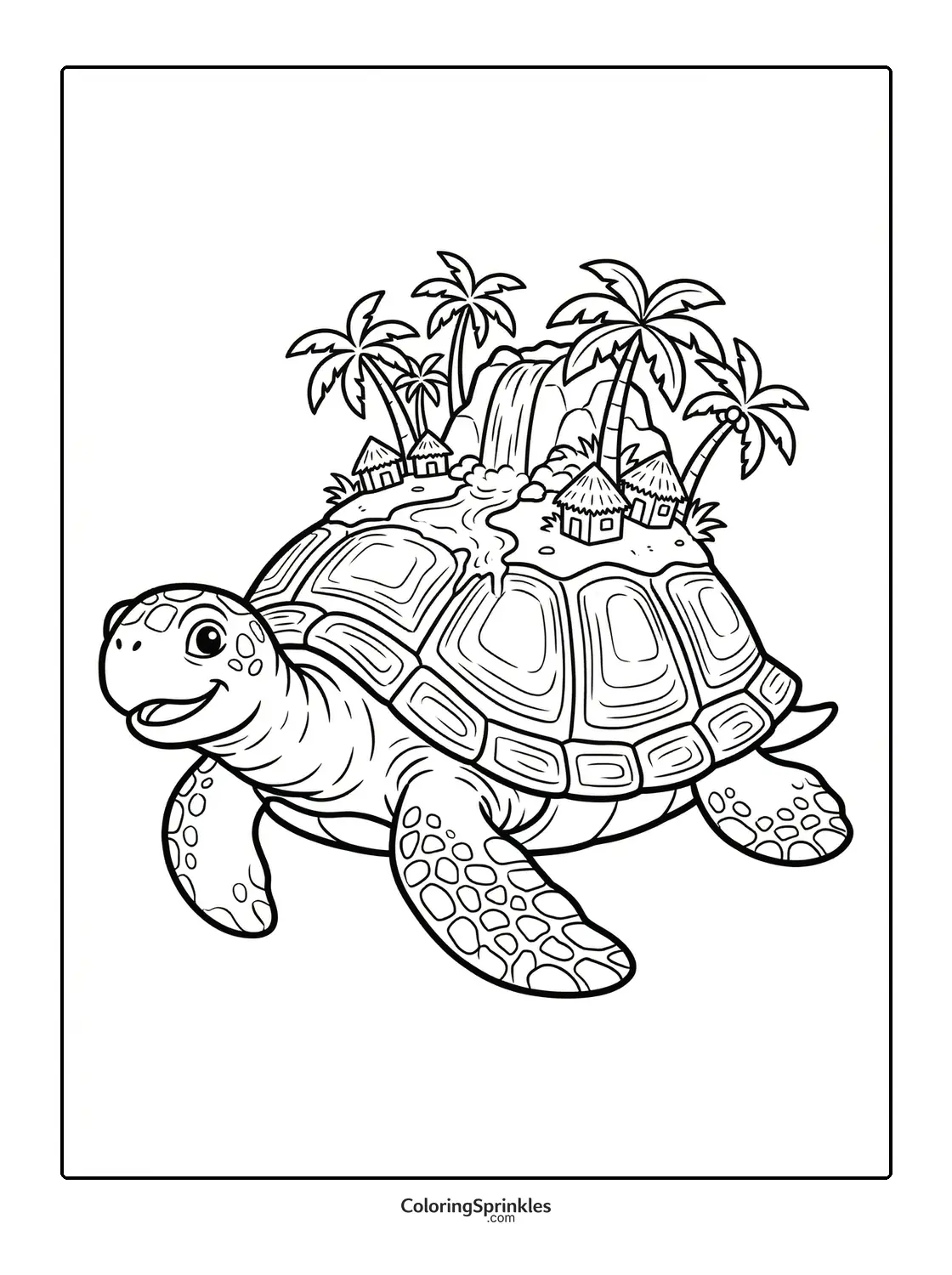 Coloring page of a turtle with an island on its shell featuring a waterfall, palm trees, and huts