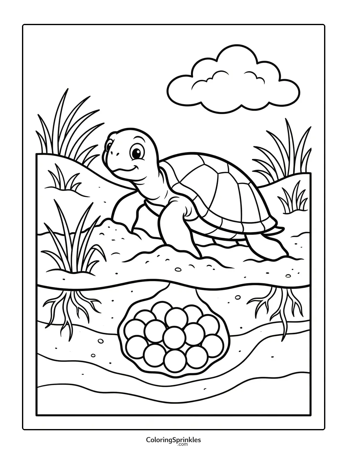 Coloring page of a turtle laying eggs in a nest