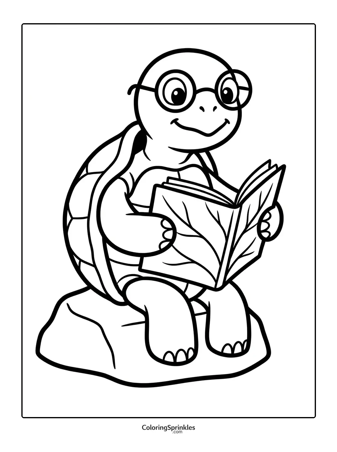 Coloring page of a turtle wearing glasses reading a book while sitting on a rock