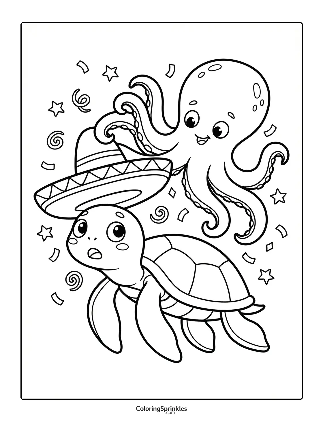 Coloring page of a turtle wearing a sombrero with a happy octopus and confetti