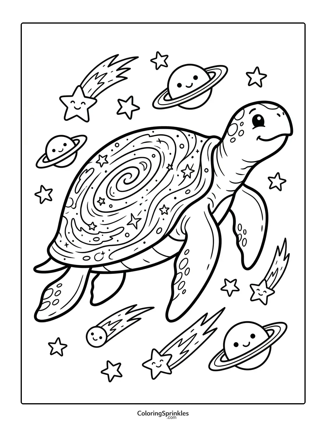 Coloring page of a turtle swimming in space surrounded by stars, planets, and comets