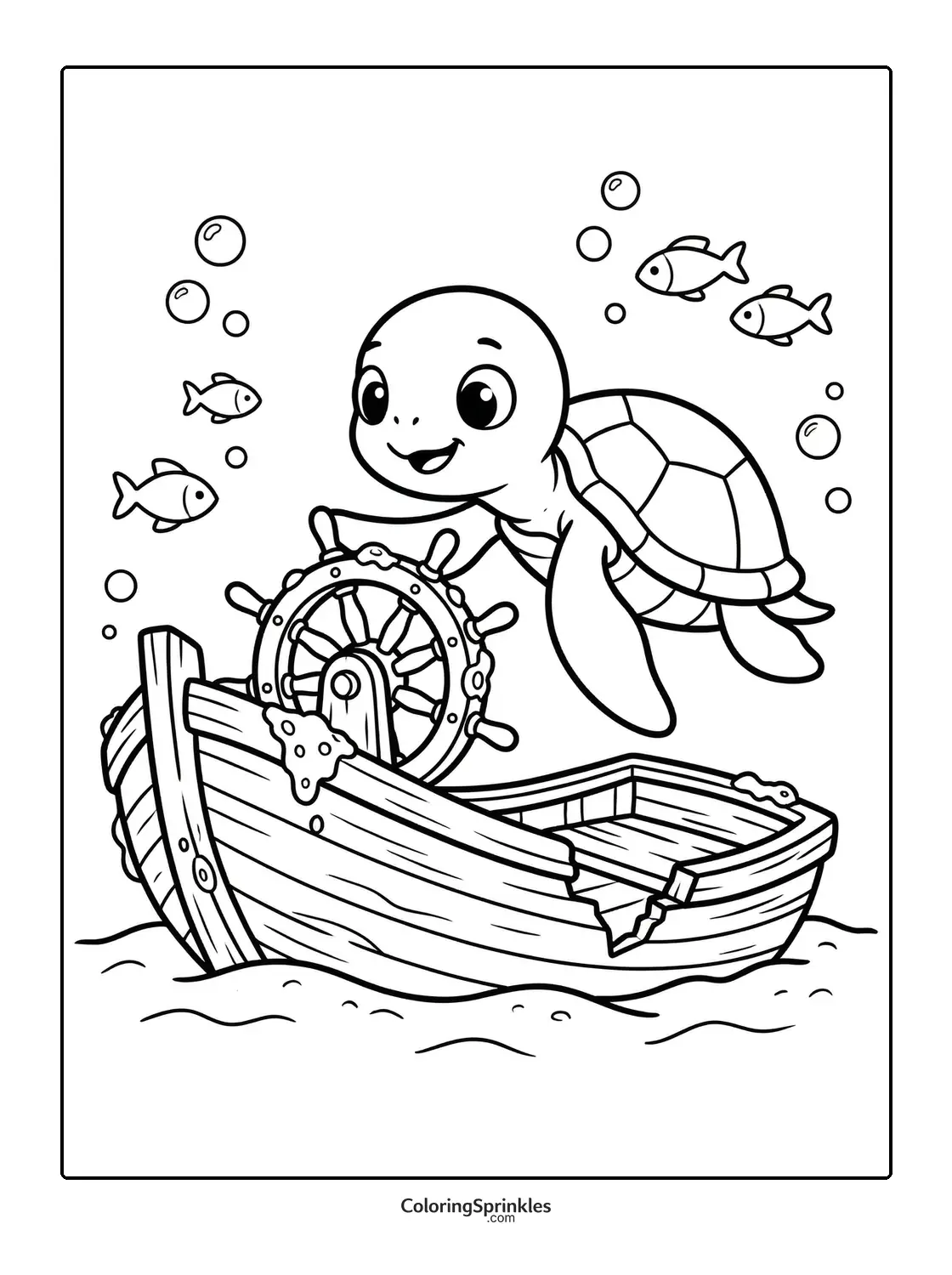 Coloring page of a turtle steering a shipwreck wheel underwater with fish