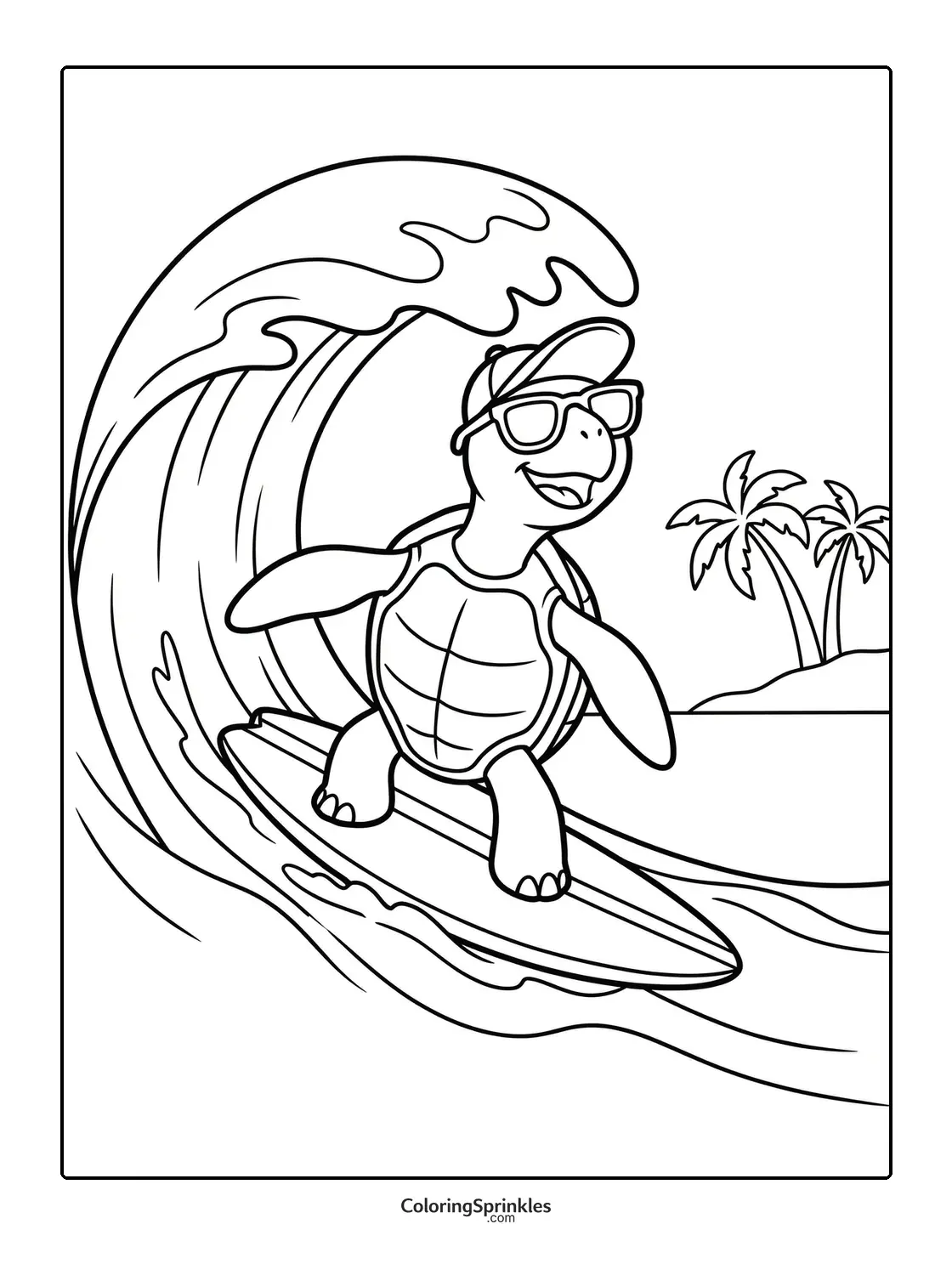 Coloring page of a turtle surfing a wave near palm trees