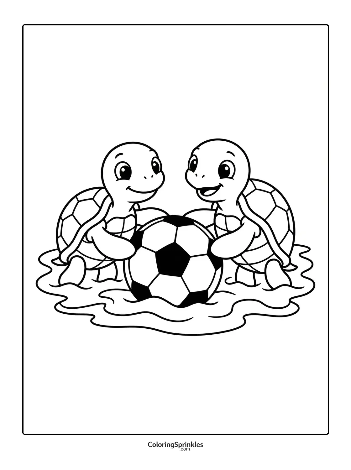 Coloring page of two turtles playing with a soccer ball in water