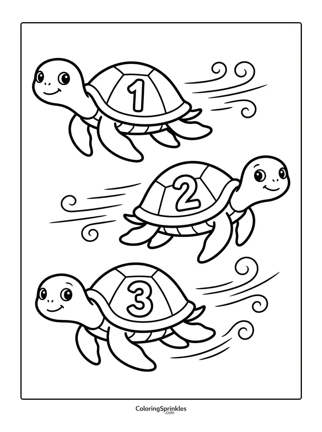 Coloring page of three turtles racing with numbers on their shells
