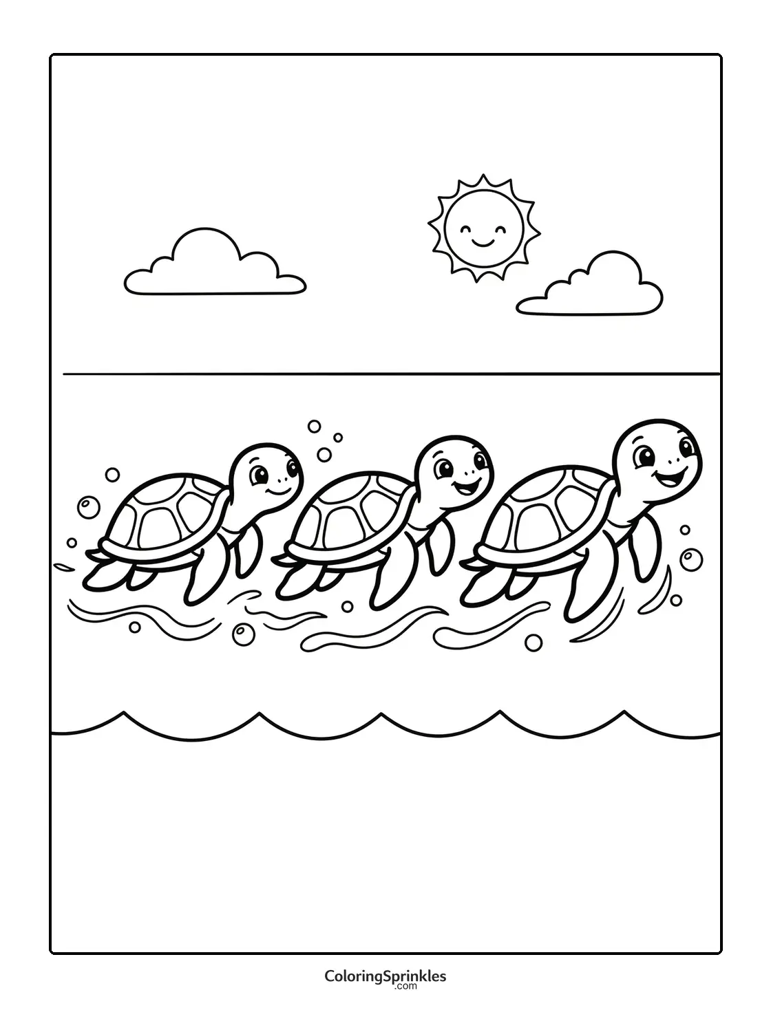 Coloring page of three turtles swimming in water with sun and clouds