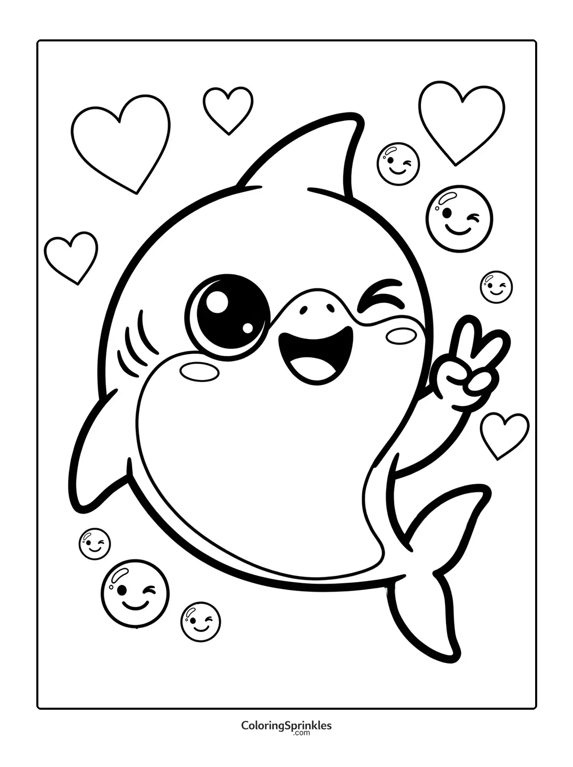 Coloring page of a cute shark winking and showing a peace sign with hearts and smiley bubbles