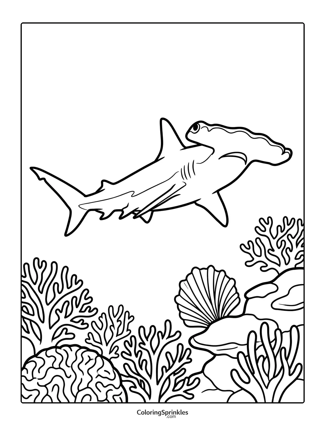 Coloring page of a hammerhead shark swimming over a coral reef