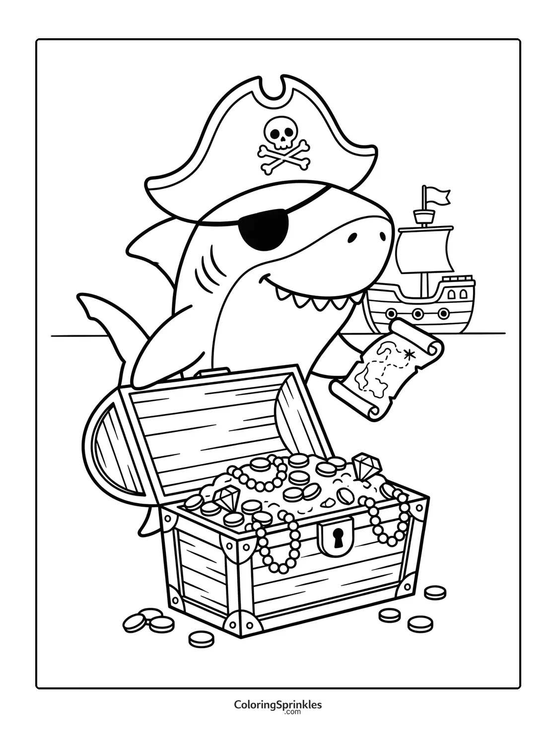 Coloring page of a pirate shark with a treasure chest and map by a ship