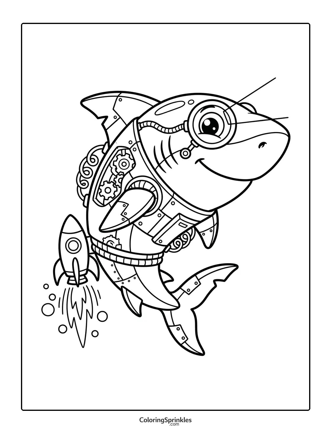 Coloring page of a robot shark with a rocket and steampunk gears