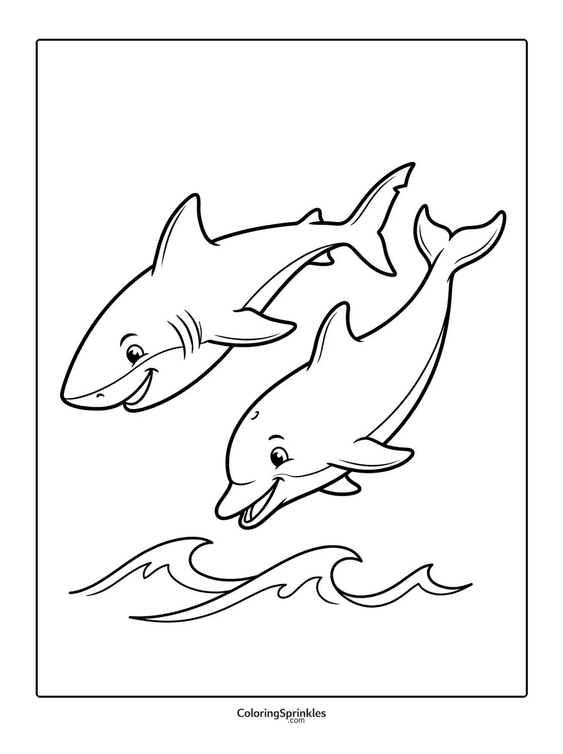 Coloring page of a smiling shark and dolphin above ocean waves