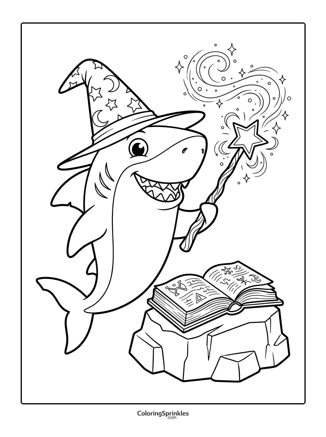 Coloring page of a shark wizard casting a spell with a magic wand and spellbook