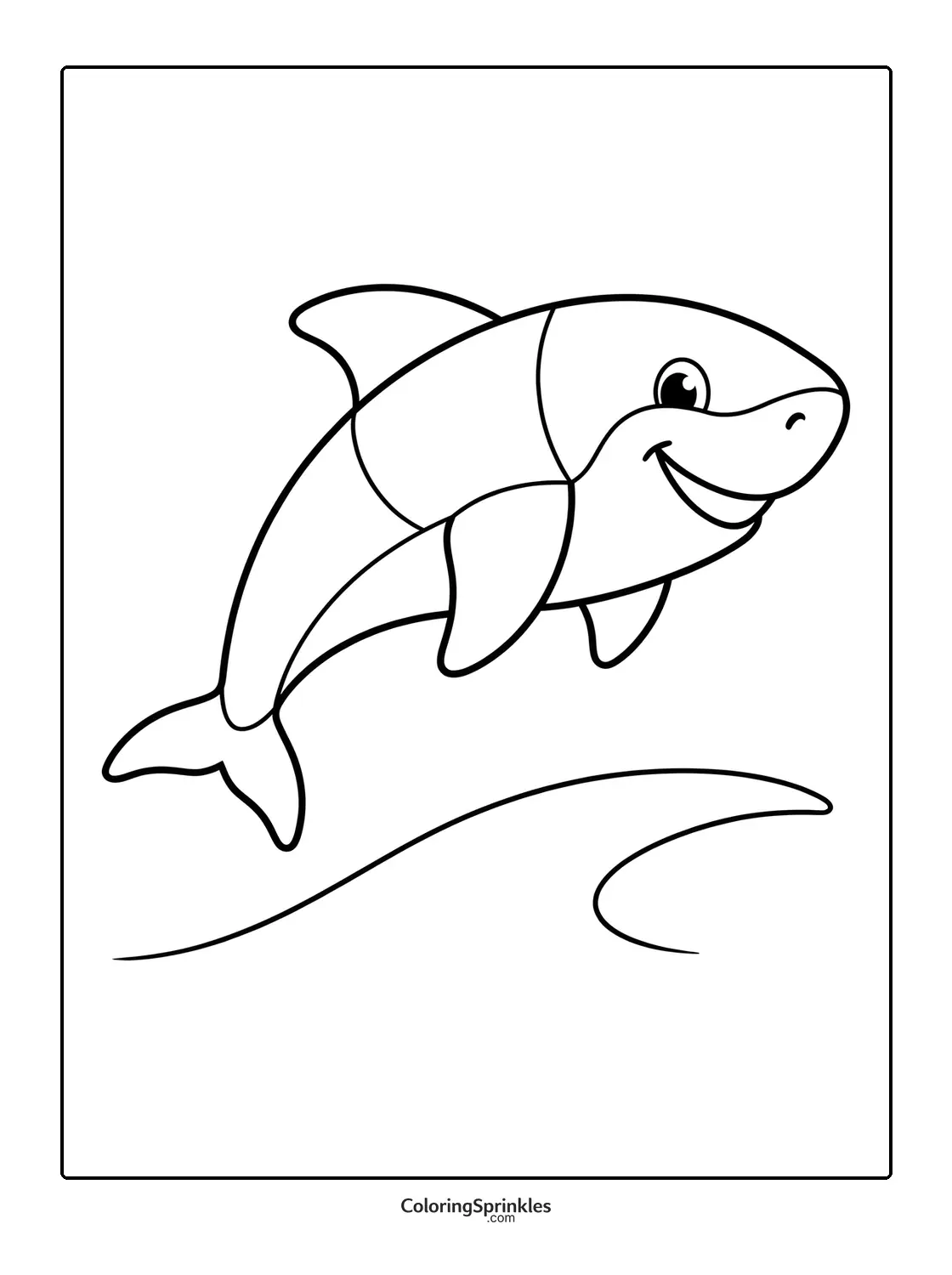 Coloring page of a smiling shark jumping over a wave