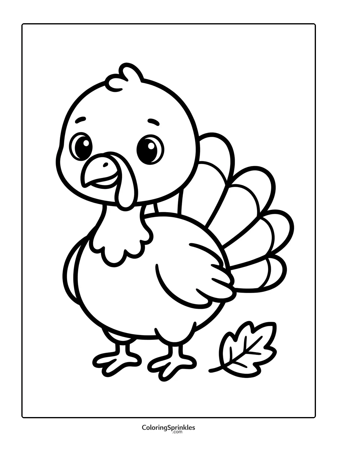 Coloring page of a cute turkey standing next to a leaf