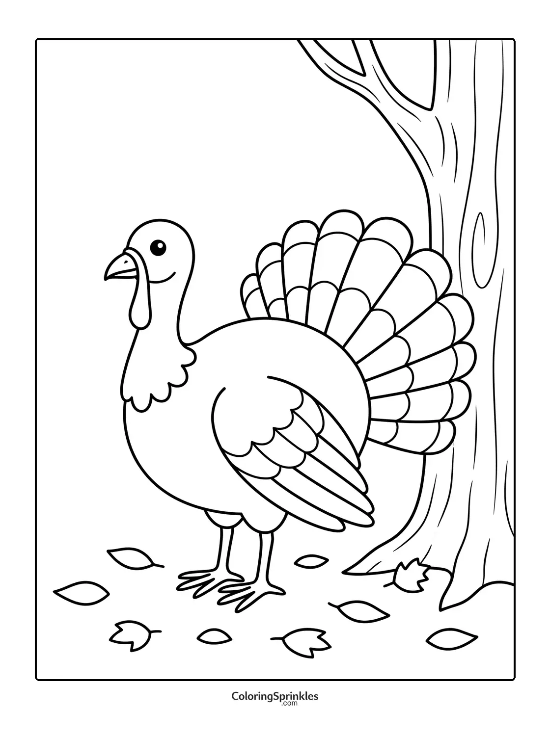 Coloring page of a turkey standing near a tree with fallen leaves