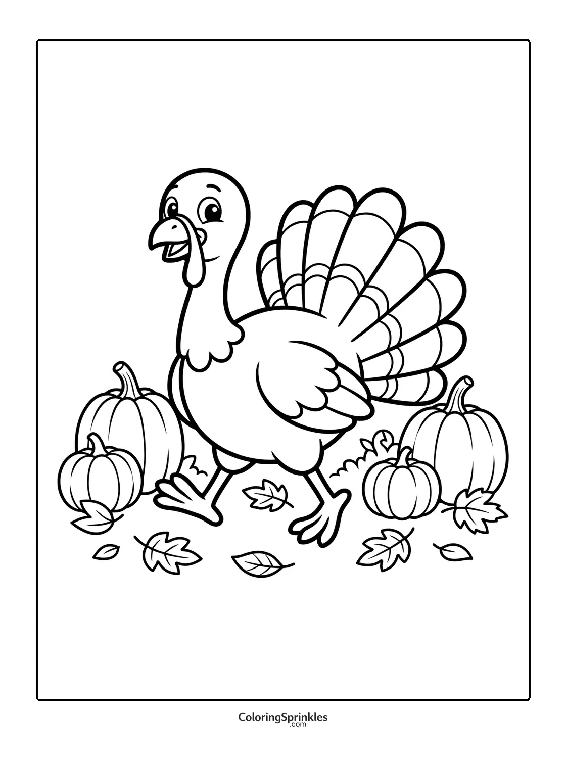 Coloring page of a turkey walking among pumpkins and fall leaves