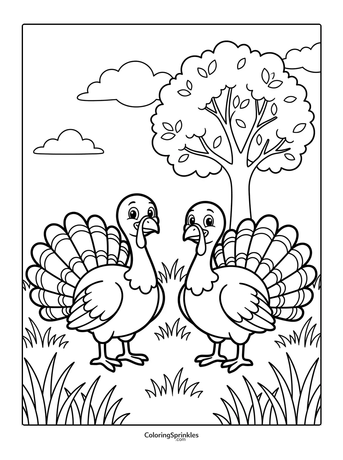 Coloring page of two turkeys standing in grass near a tree with clouds