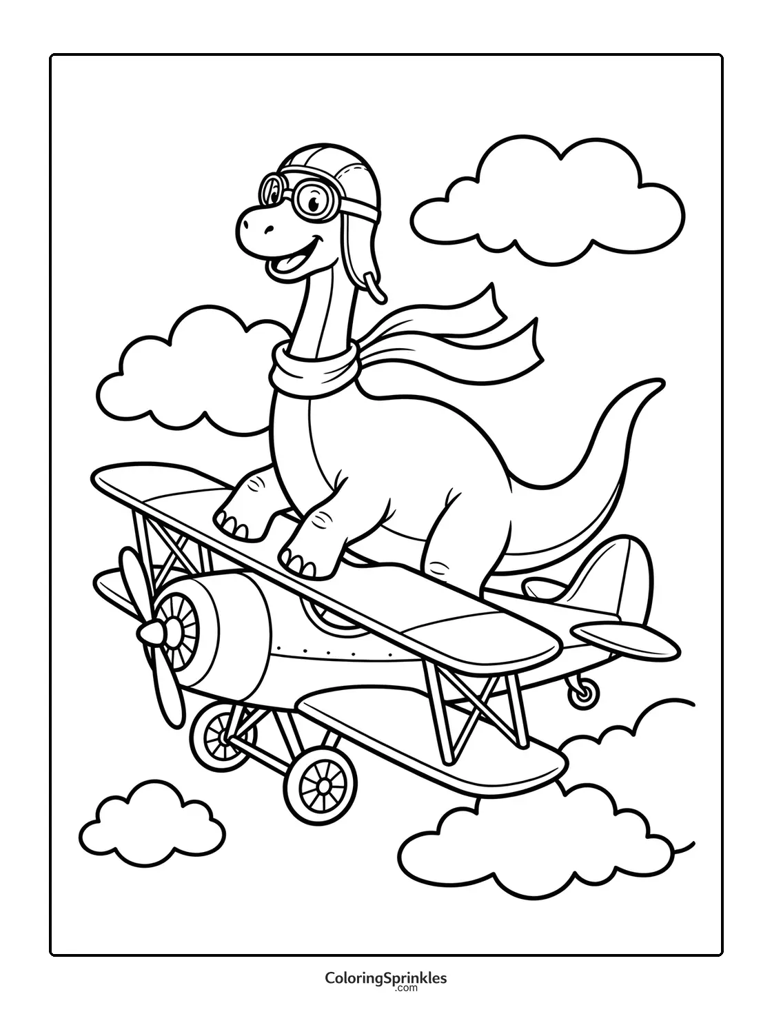 Coloring page of a brachiosaurus wearing goggles and a scarf flying on an airplane