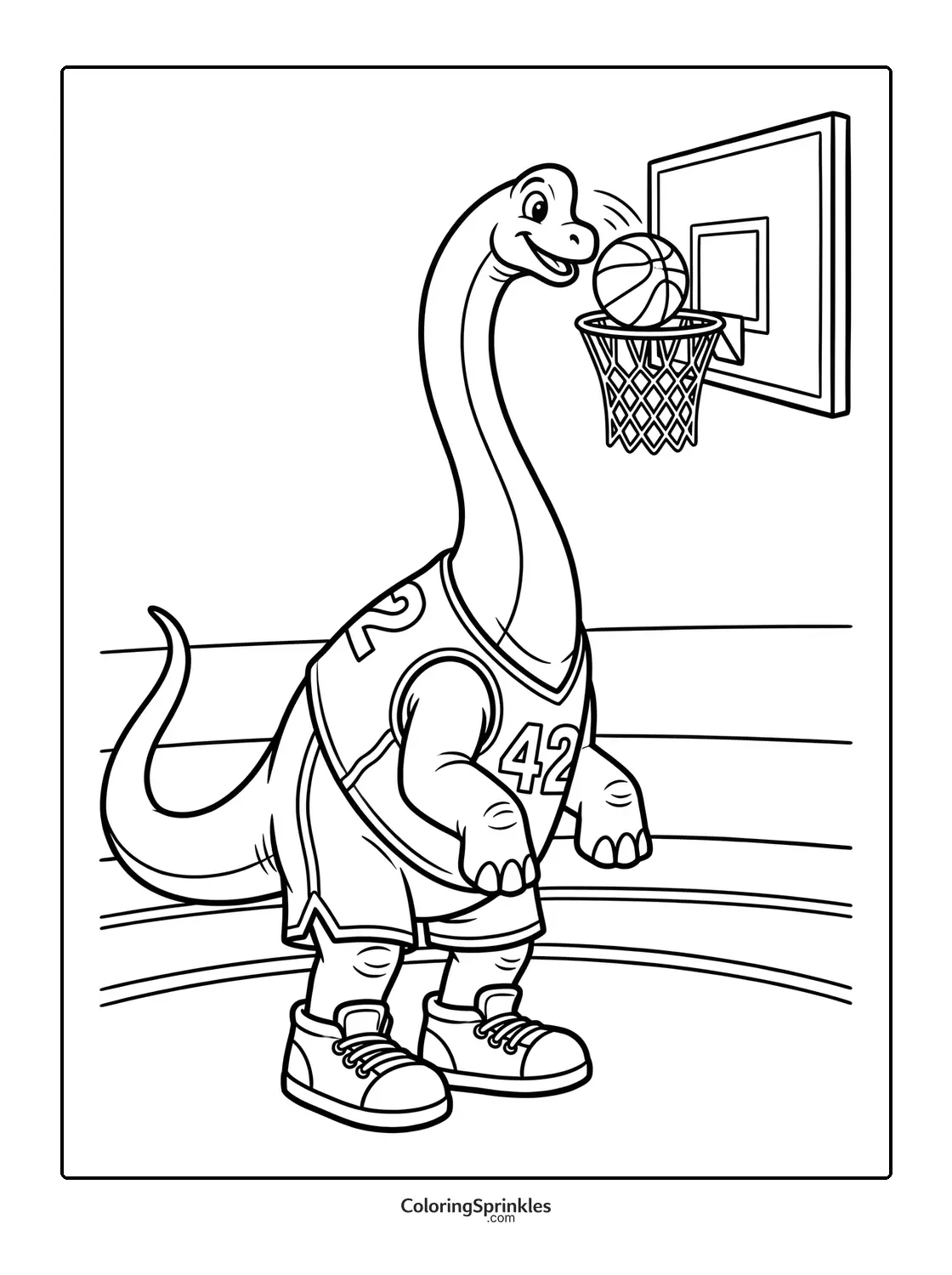 Coloring page of a brachiosaurus playing basketball in a jersey