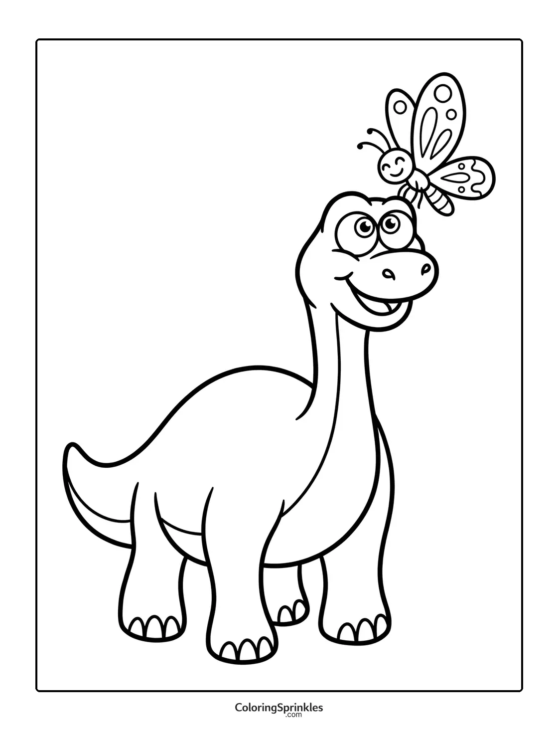 Coloring page of a smiling brachiosaurus with a butterfly on its head