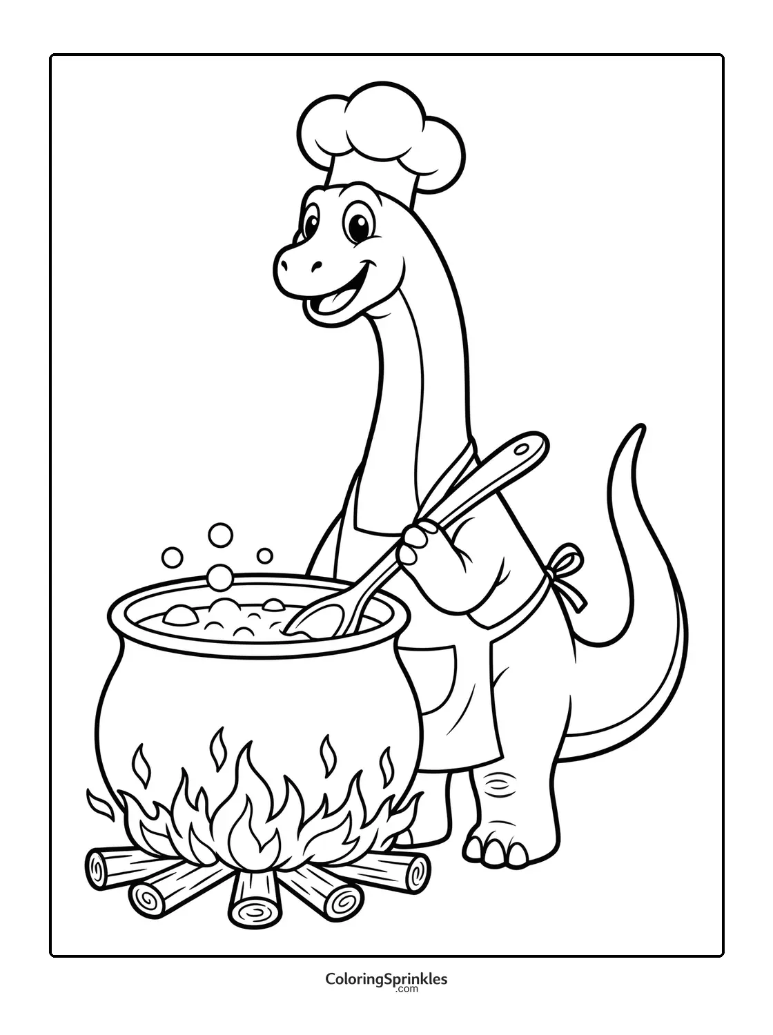 Coloring page of a brachiosaurus chef cooking in a cauldron over firewood