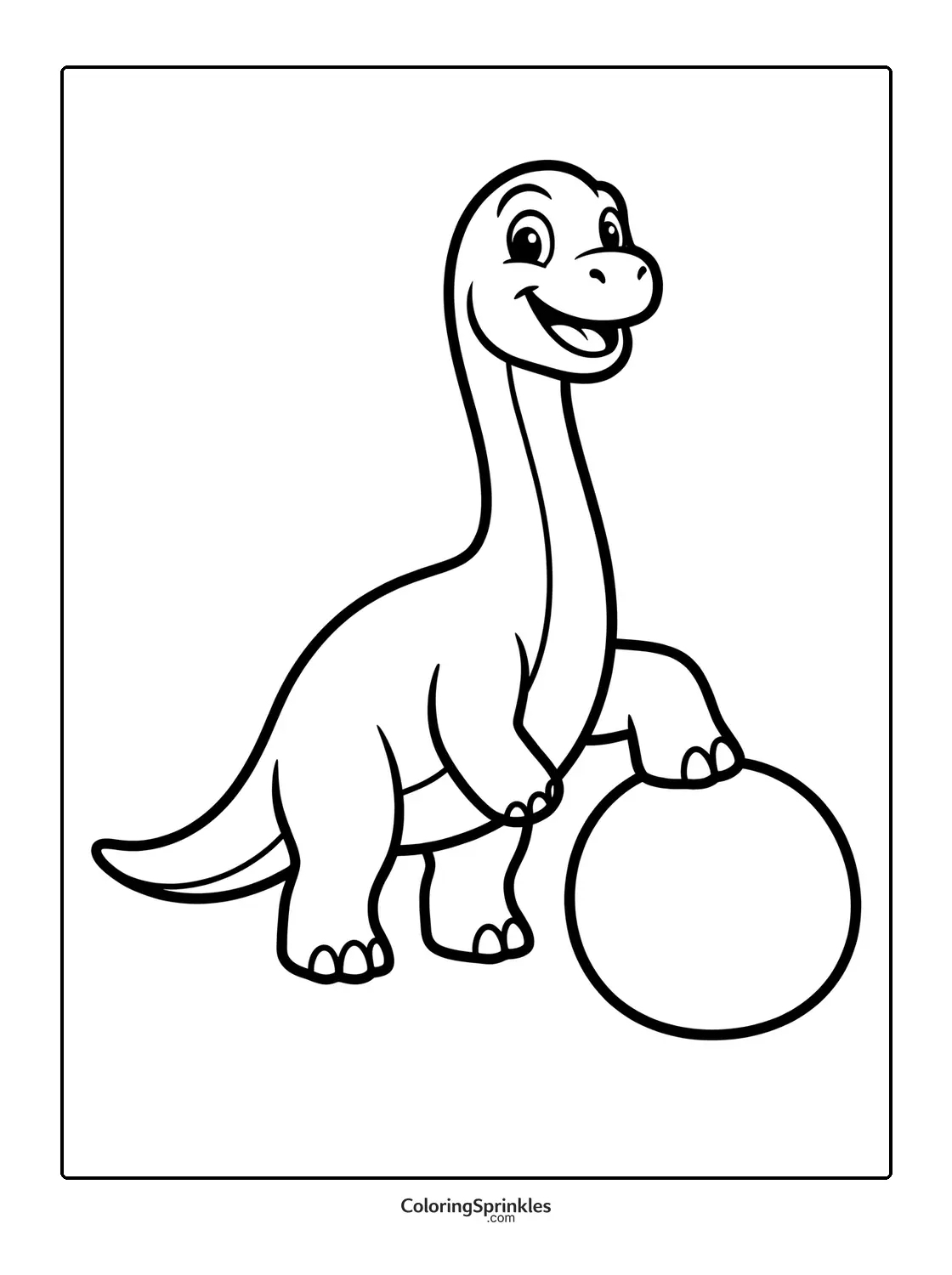 Coloring page of a smiling brachiosaurus dinosaur with one foot on a ball