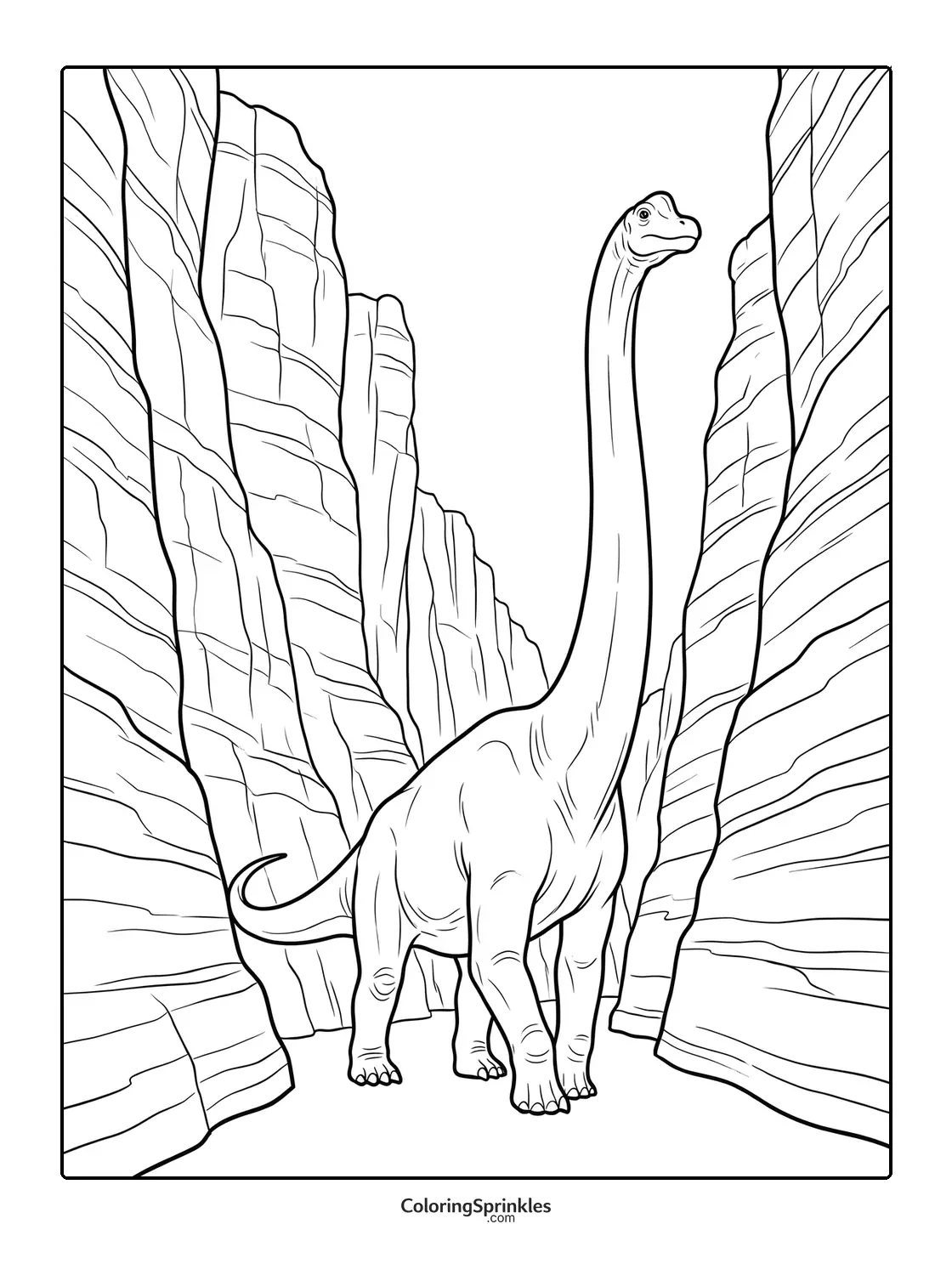 Coloring page of a brachiosaurus dinosaur walking through a canyon with rock walls