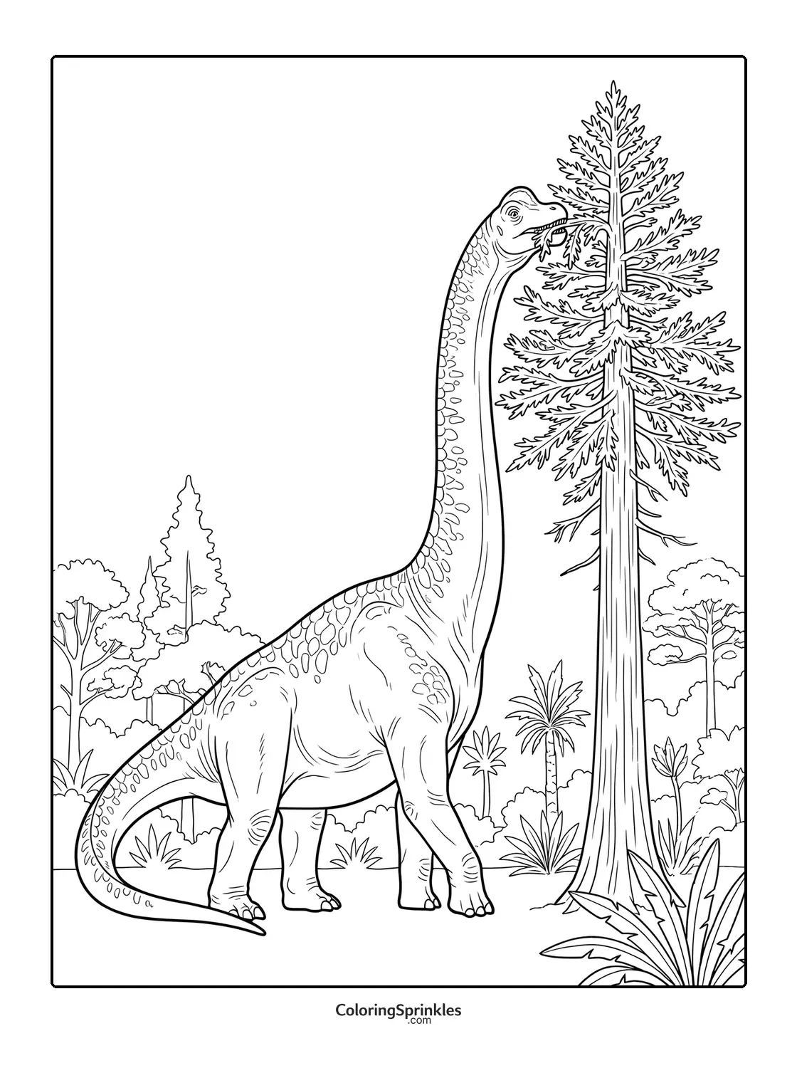 Coloring page of a brachiosaurus dinosaur eating leaves from a tall tree in a forest