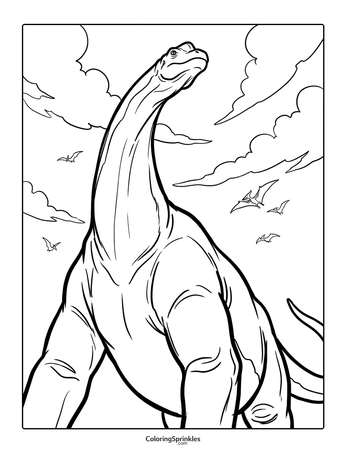 Coloring page of a brachiosaurus dinosaur with flying pterosaurs and clouds