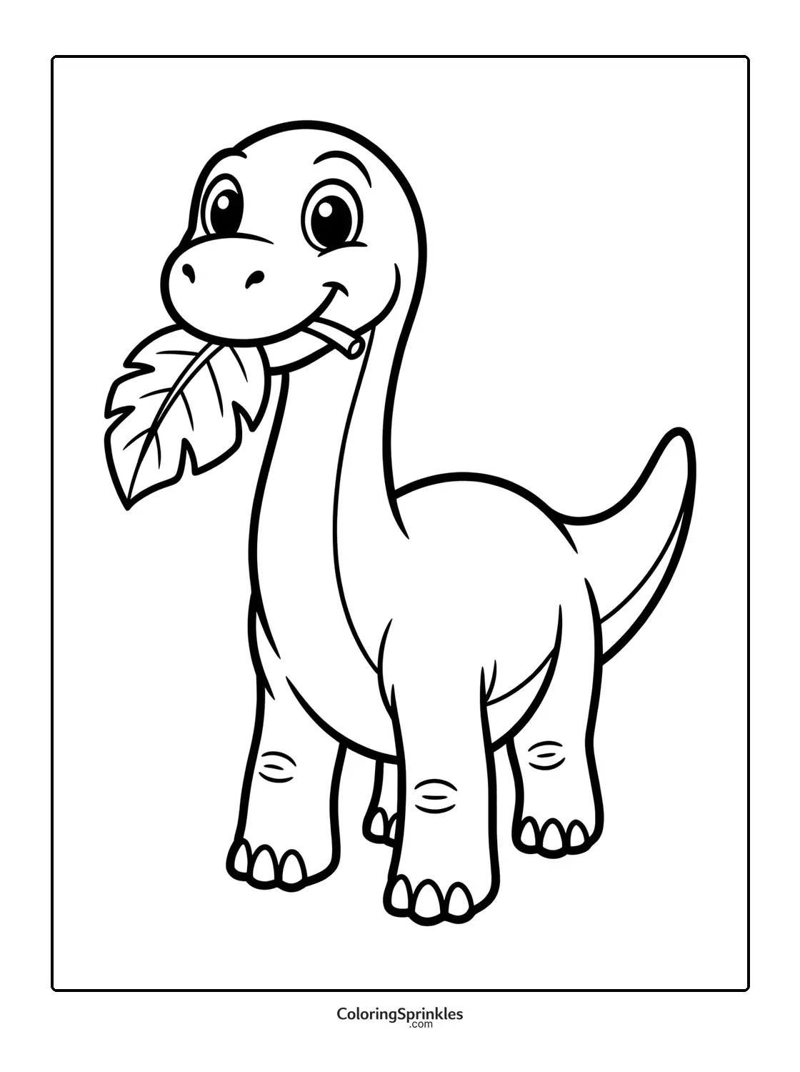 Coloring page of a happy brachiosaurus dinosaur holding a leaf