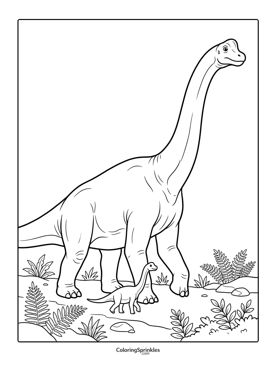 Coloring page of a brachiosaurus dinosaur mother and baby with fern plants