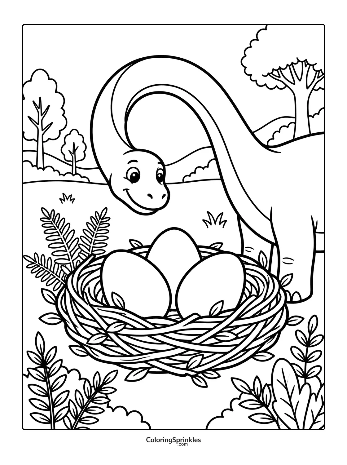 Coloring page of a brachiosaurus dinosaur looking at a nest with eggs in a forest