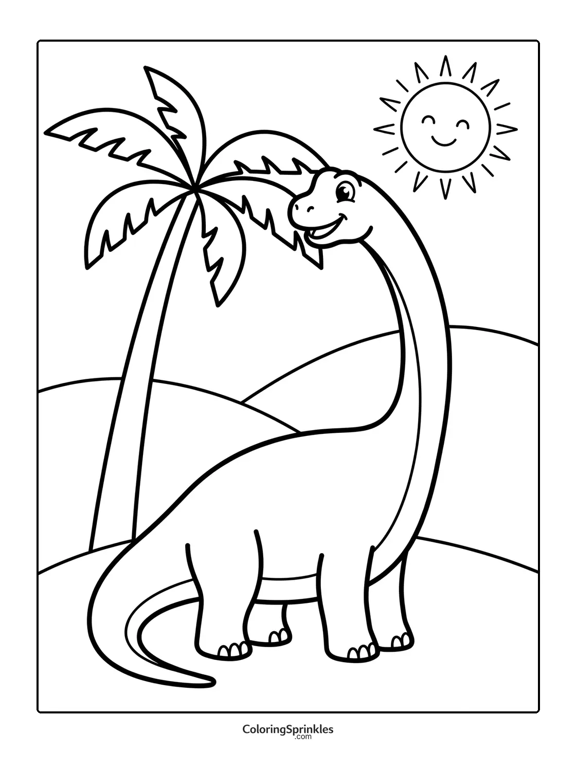 Coloring page of a smiling brachiosaurus dinosaur near a palm tree under the sun