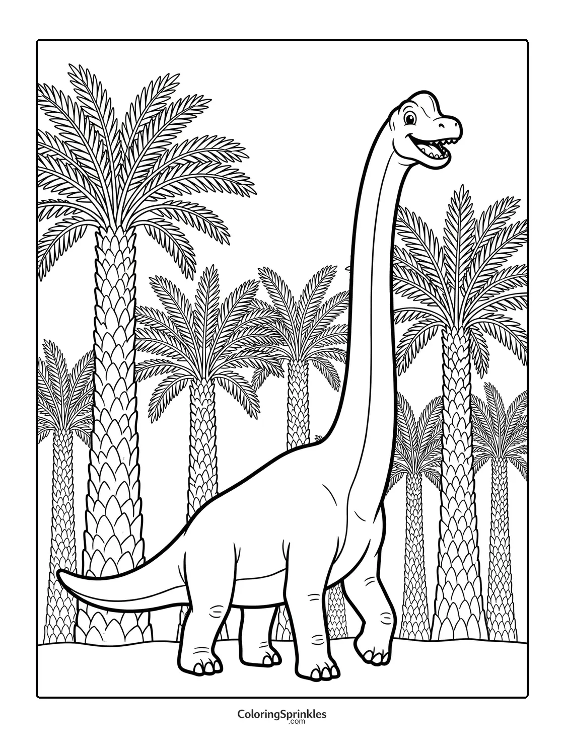 Coloring page of a brachiosaurus dinosaur among palm trees