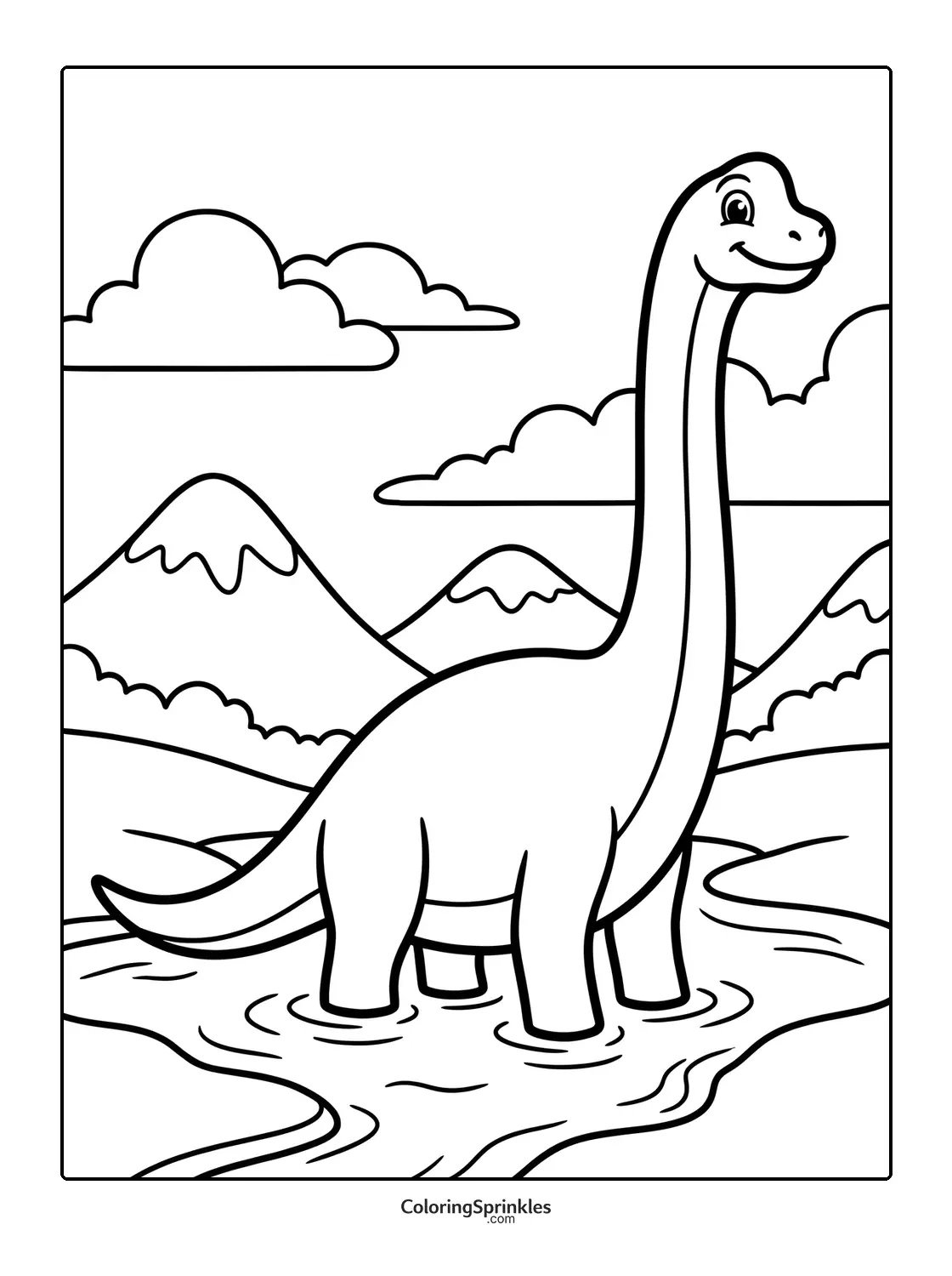 Coloring page of a brachiosaurus dinosaur standing in a river with mountains in the background