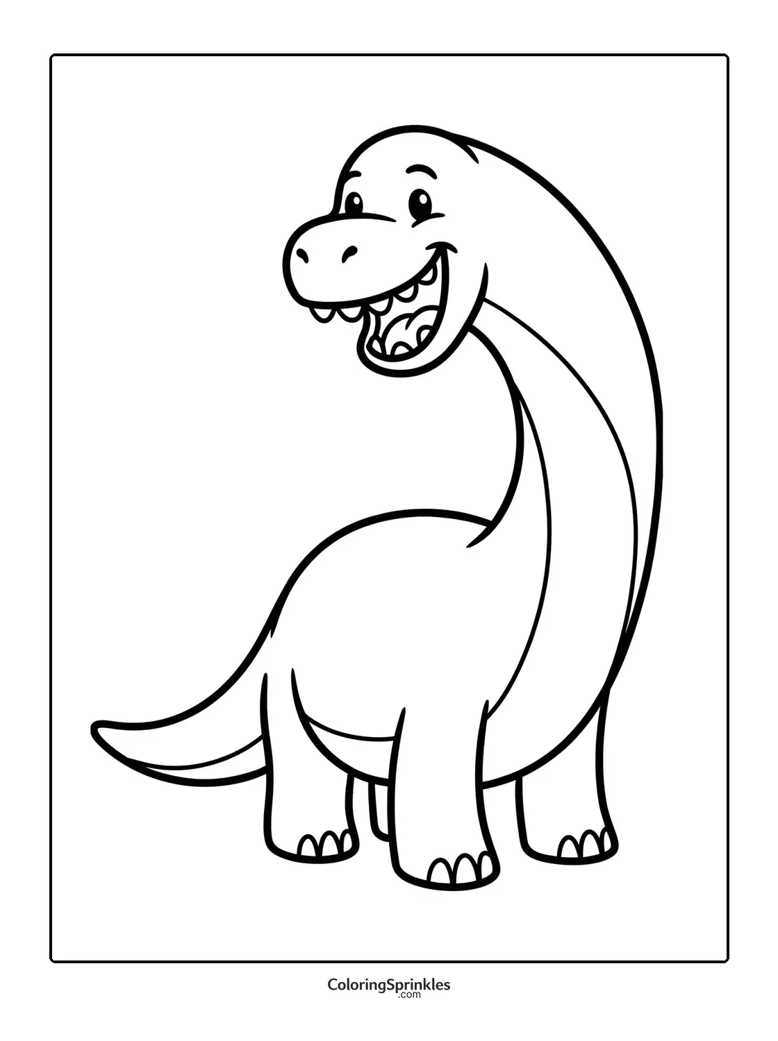 Coloring page of a smiling cartoon brachiosaurus dinosaur