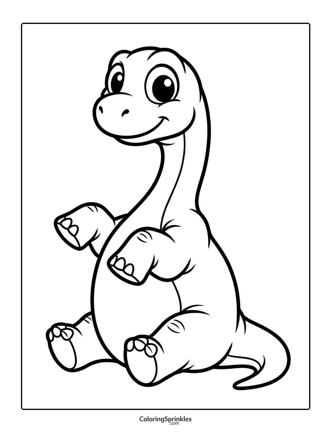 Coloring page of a smiling brachiosaurus dinosaur sitting