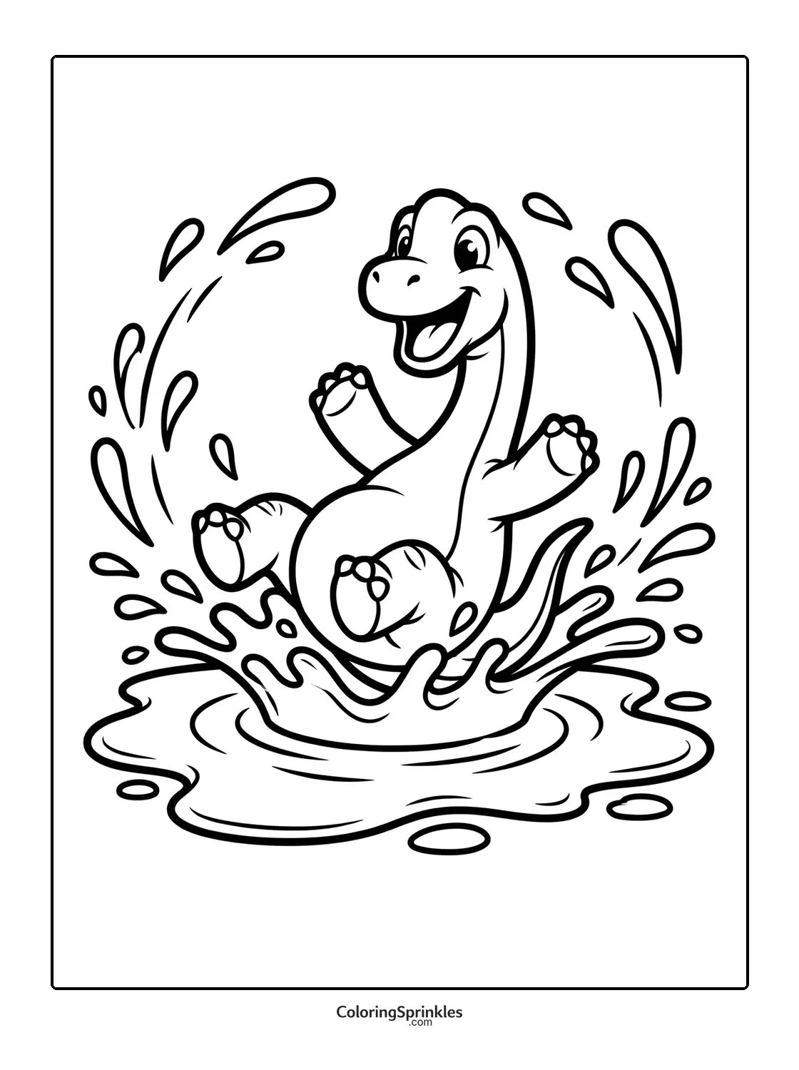 Coloring page of a happy brachiosaurus dinosaur splashing in water