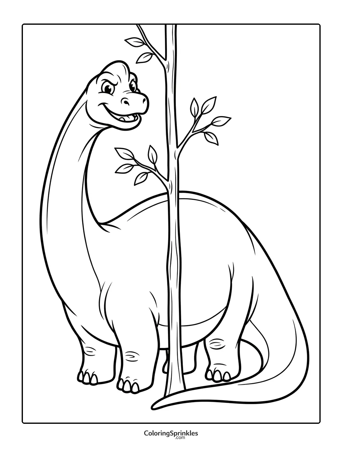 Coloring page of a brachiosaurus dinosaur standing behind a tree with leaves