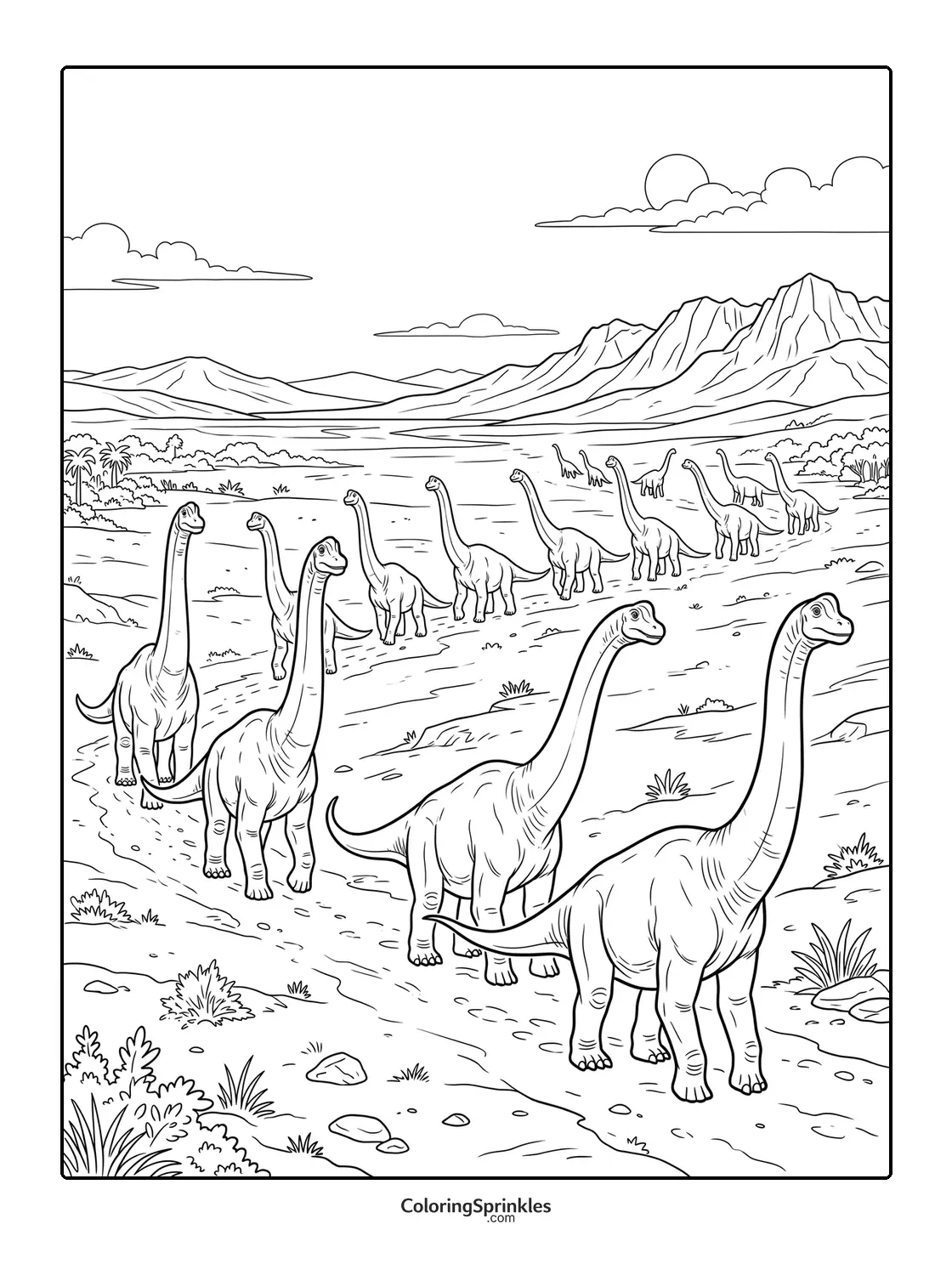 Coloring page of a herd of brachiosaurus dinosaurs walking near mountains