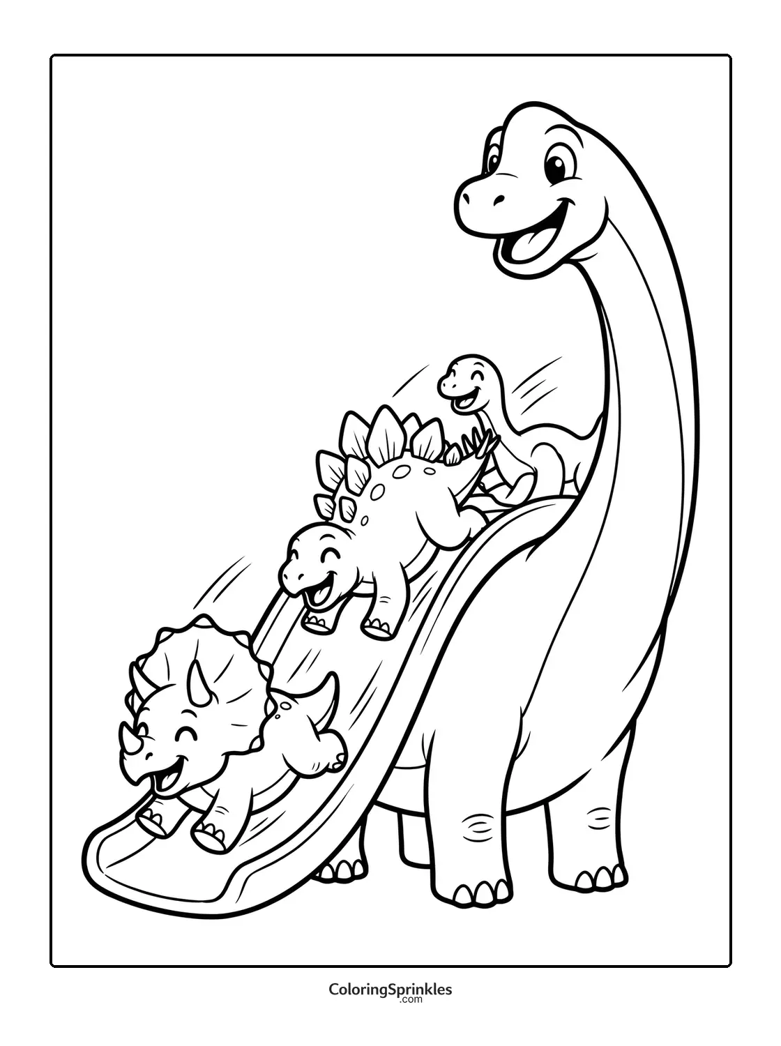 Coloring page of a brachiosaurus with dinosaurs sliding down its back