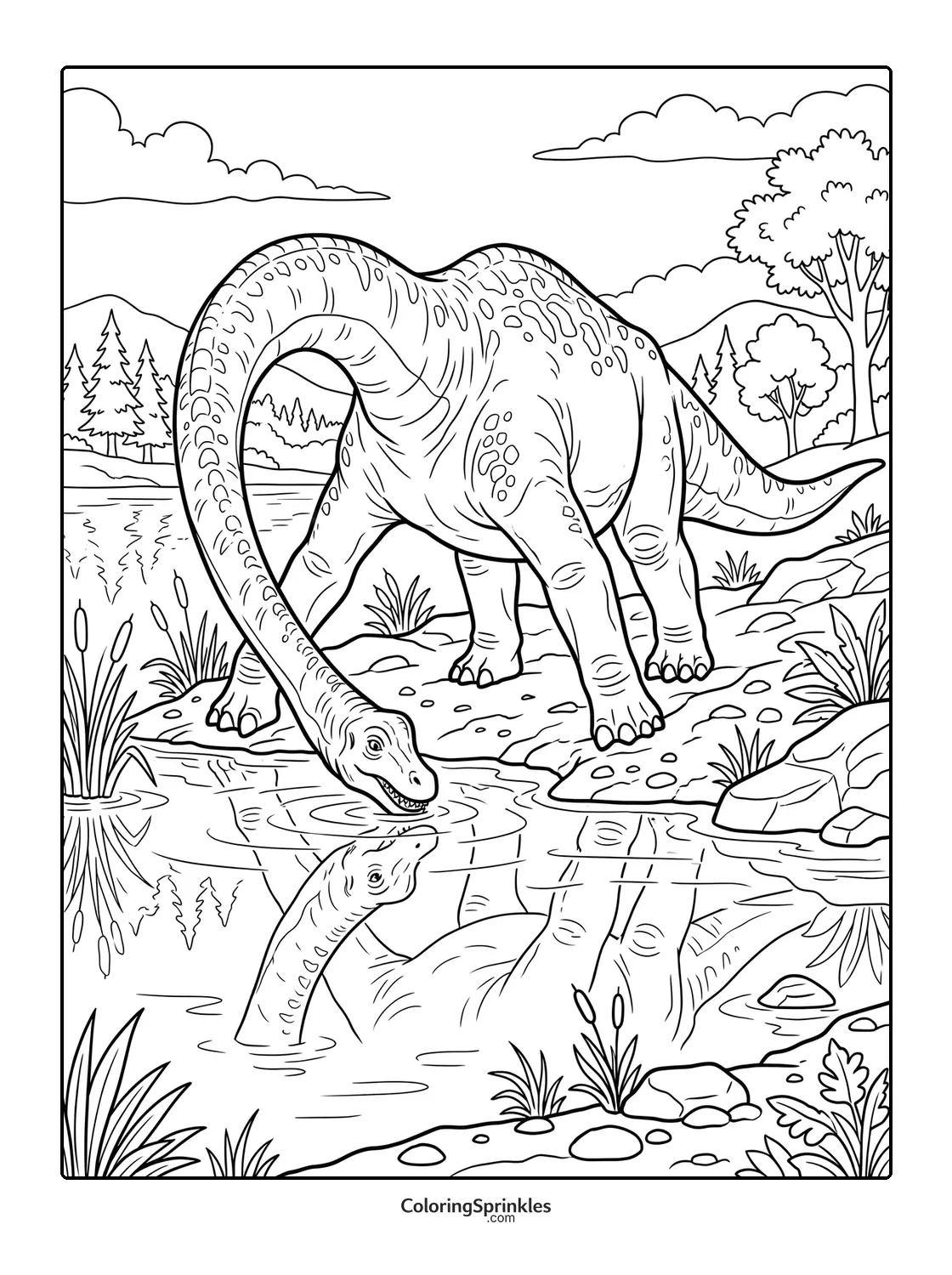 Coloring page of a brachiosaurus drinking water by a lake in nature