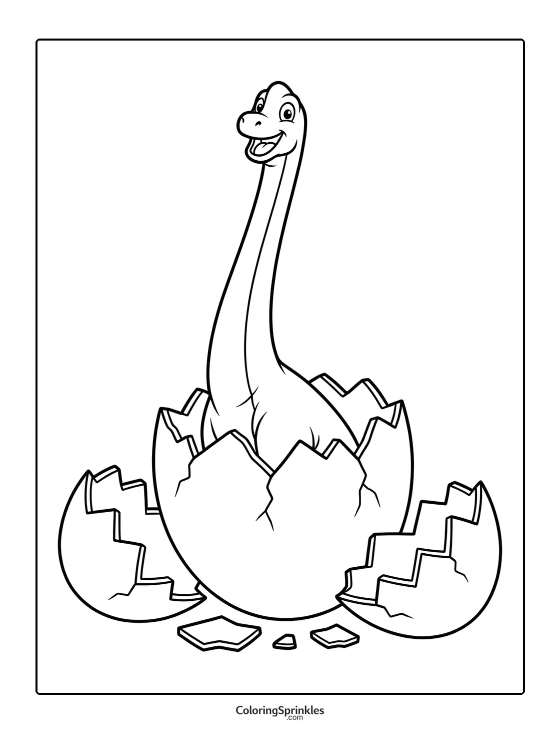 Coloring page of a brachiosaurus hatching from a dinosaur egg