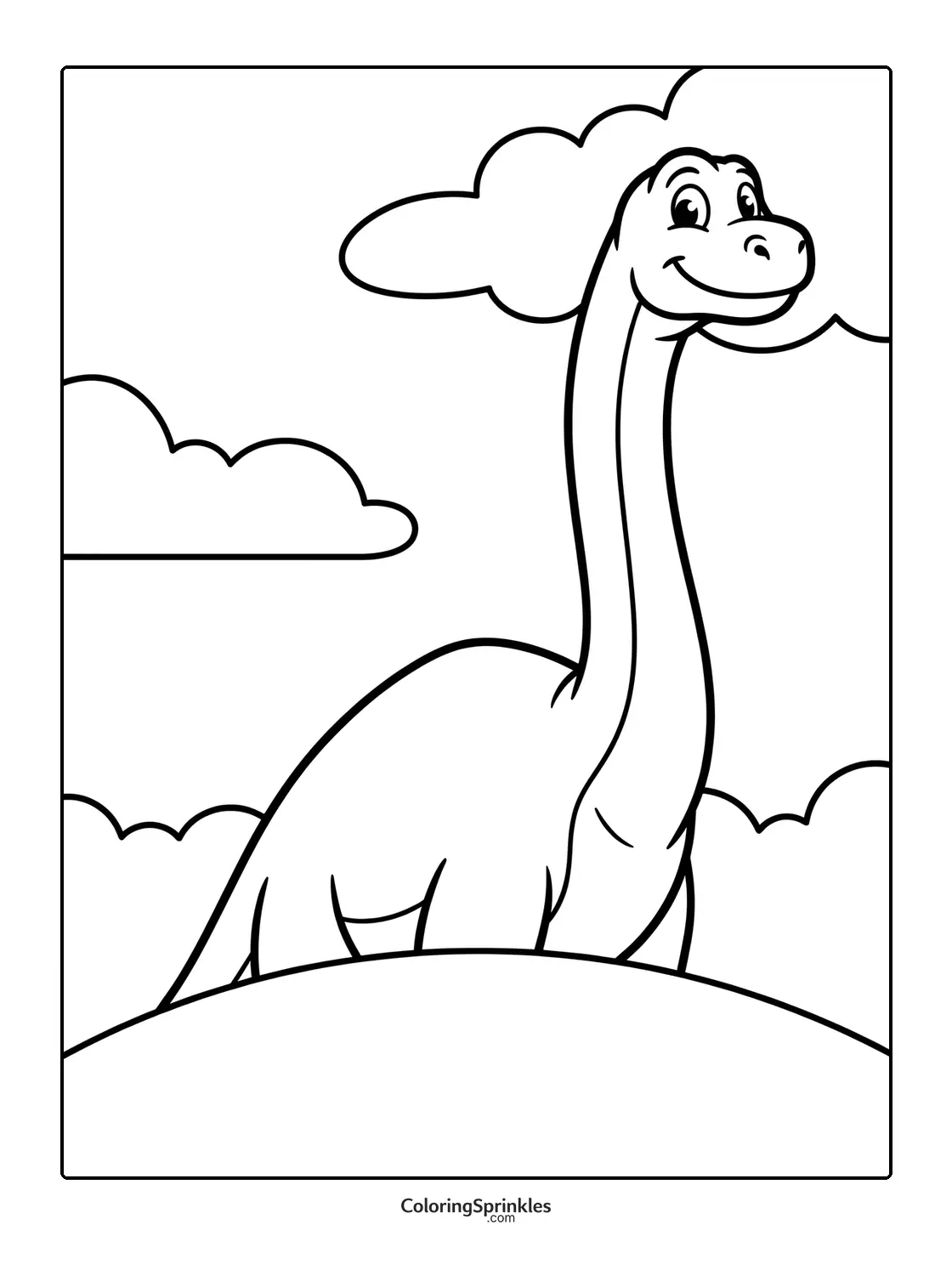 Coloring page of a smiling brachiosaurus standing on a hill with clouds