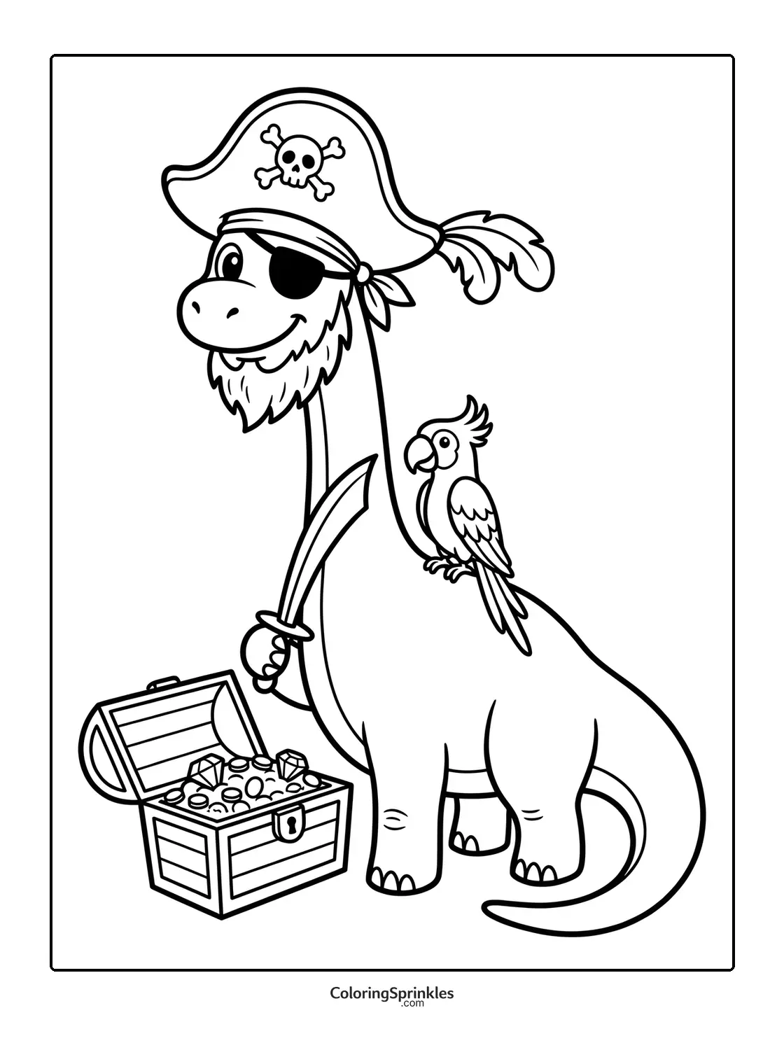 Coloring page of a brachiosaurus dressed as a pirate with a parrot and treasure chest