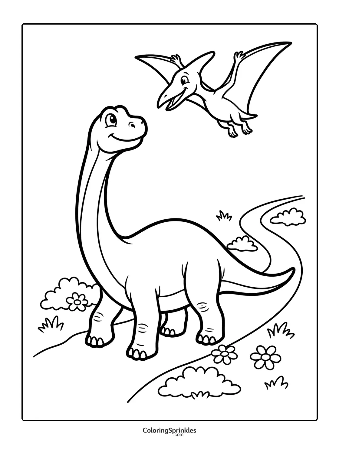 Coloring page of a brachiosaurus and a pterodactyl near a winding path with flowers