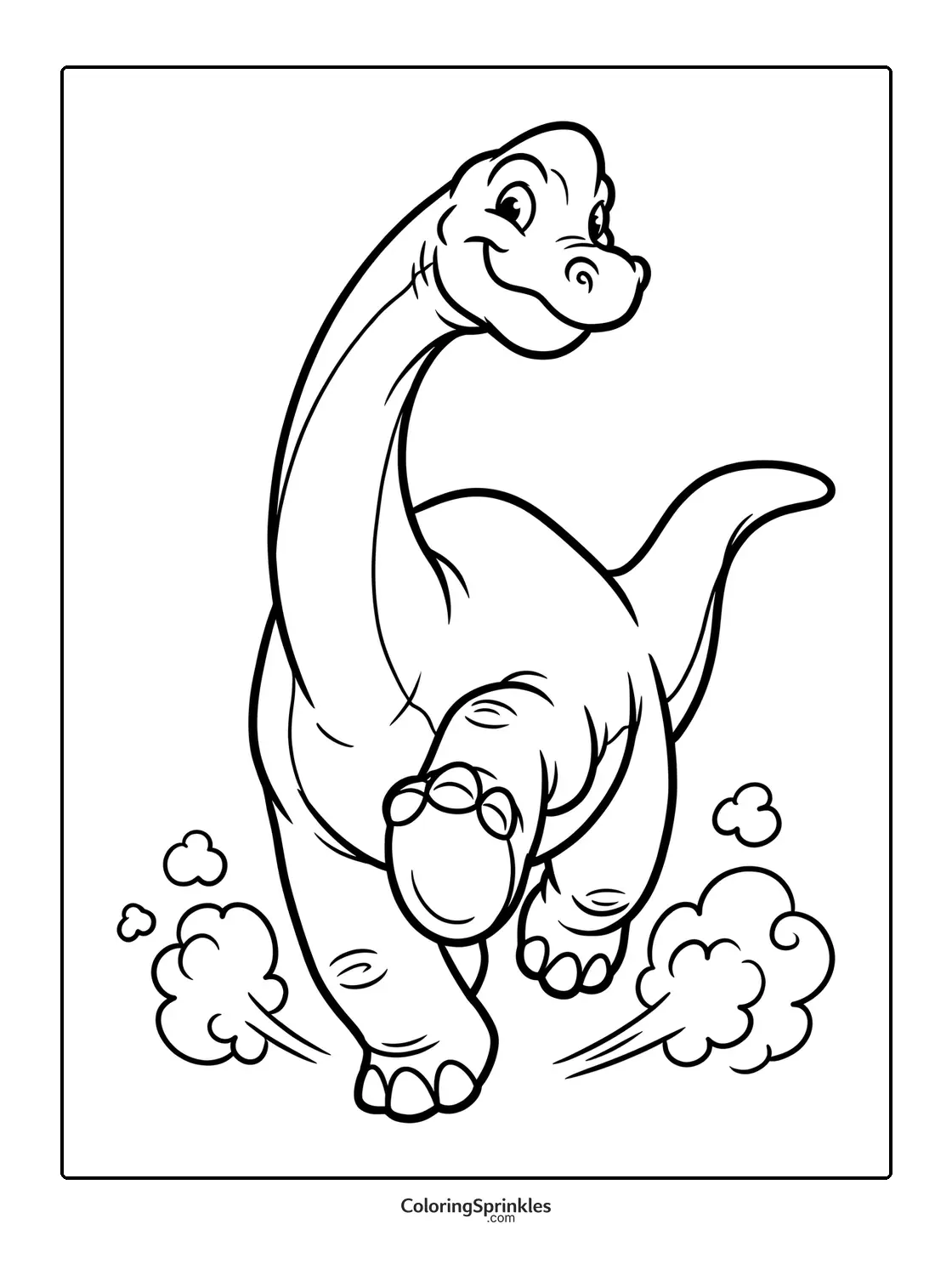Coloring page of a brachiosaurus running with dust clouds