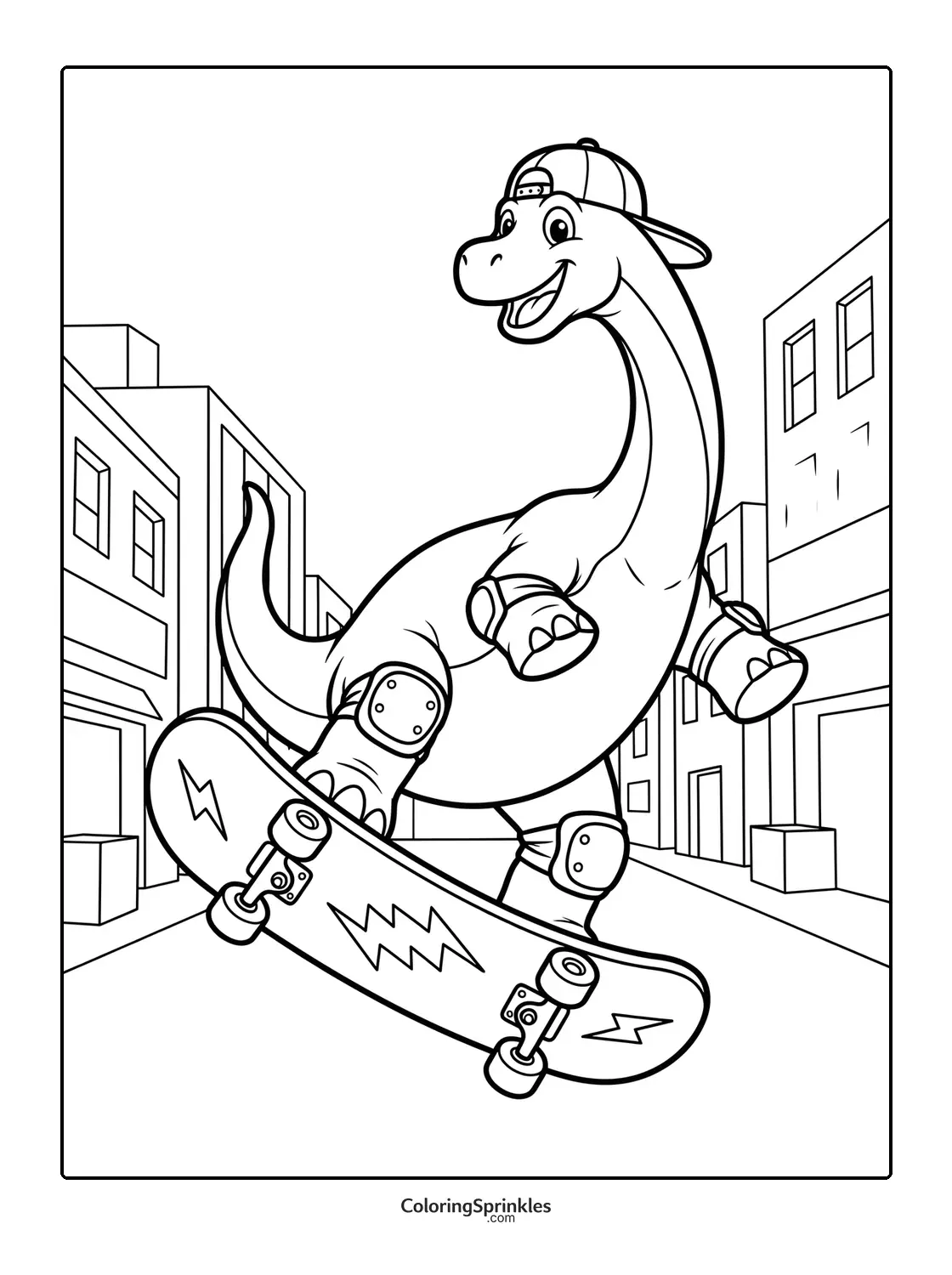 Coloring page of a brachiosaurus skateboarding in a city street